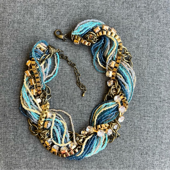 Multicolor Blue Beaded Chunky Necklace with Metal Accents Seed Beads Rhinestones - Picture 1 of 5